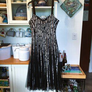 JS Collections Cocktail Dress Floral Accordion Draped Black Midi Dress 18W